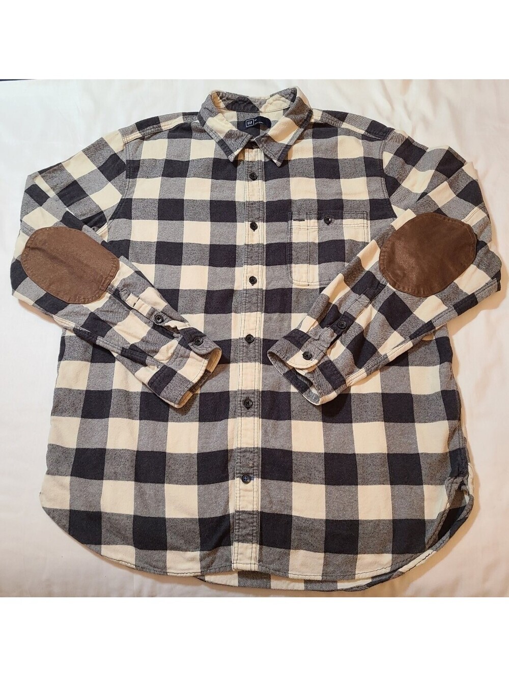 GAP XL Buffalo Plaid Flannel Shirt Brown Elbow Patches Button Front Lumberjack